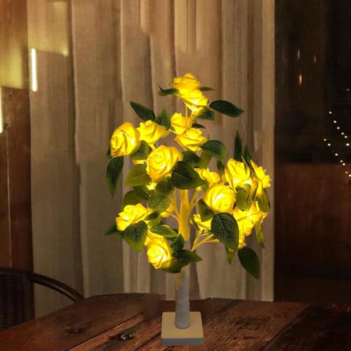 Rose Tree Lamp，Rose Flower Night Light, Led Tabletop Pink Tree Lights, Lower Lamp Girls Gift for Mother’S Day, Lighted Tabletop Tree for Christmas Wedding Decor Valentine’S Day - style: White+Yellow Rose