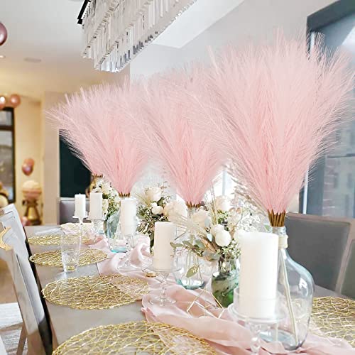obbsie 35" Pink Faux Pampas Grass Decor, 8pcs Large Tall Fluffy Artificial Pompous Grass Branches Floral Fake Pompas Grass Bulrush Floor Vase Filler Flower Arrangement for Home Wedding Boho Decor - color: Pink, size: 8 PCS