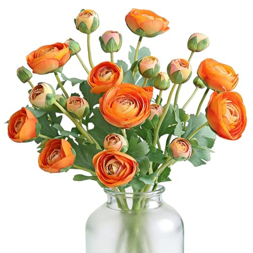 5PCS Artificial Ranunculus Flowers with Silk Flower Real Touch Stem Spray for Home Garden Office Decoration Wedding DIY Arrangements (Orange) - color: Orange