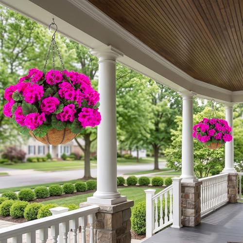 Hananona 2 Set Artificial Outdoor Geraniums Flowers with Hanging Basket, 2 Hanging Planters with 12 Pcs Red Geranium Flowers for Spring Summer Front Porch Garden Patio Home Decor (2, Rose Red) - color: Rose Red