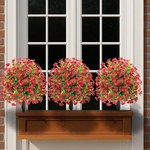 23" Set of 2 Spring Artificial Boxwood Topiary Ball Tree with Spikes,UV Resistant Fake Outdoor shrubs with Violet Flowers, Realistic Faux Plants Bushes for Garden Front Porch Yard Patio (Red)