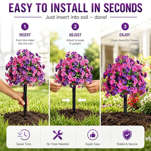 Artificial Petunias with Ground Stake - UV Resistant & Waterproof Faux Flowers for Outdoor Indoor Garden, Yard, Planter, Porch & Home Decor (Style D, 3 Pcs) - color: Style D , 3 Pcs