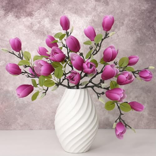 6PCS Artificial Magnolia Flowers Stems for Spring Decoration,26In Artificial Purple Fake Flowers with Buds Faux Long Stem Floral Arrangement for Vase Table Centerpiece Indoor (Purple) - color: Purple