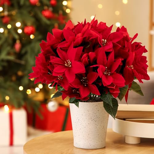 6 Pcs 15 Inch Artificial Poinsettia Bouquet, Faux Red 7 Stems Velvet Poinsettia Floral for Vases Wreaths Garland Indoor Outdoor Christmas Tree Ornament Home Porch Decorations - color: Red and White