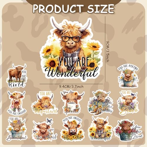 Whaline 12Pcs Highland Cow Refrigerator Magnets You are Enough You are Loved Inspirational Quotes Magnetic Stickers Motivational Magnet Decal Gifts for Graduation Women Men Friends - style: Highland Cow