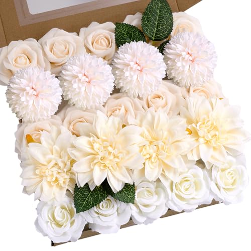 BSMYBO White Flower Artificial Roses Faux Flowers with Stems Mix Fake Roses Dahlia Chrysanthemum Ball for Wedding Bridal Bouquets, Table Centerpieces, Baby Shower, Party, Home Decorations - color: Ivory, size: PureBlooms