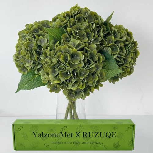 YalzoneMet 4Pcs Dark Green Real Touch Hydrangea Artificial Flowers 21'' Faux Latex Hydrangea Flowers for Fall Table Centerpieces Fake Flowers for Home Kitchen Living Room Boho Decor - color: Dark Green