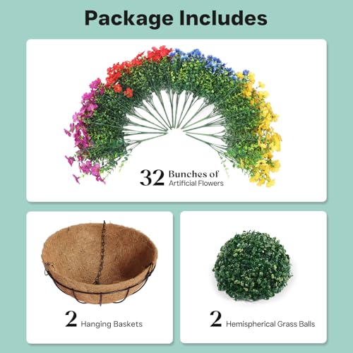 2 Pack Outdoor Artificial Flowers with Hanging Basket, Fake Hanging Flowers for Spring Summer Front Porch Patio Yard Garden Home Decor (Blue, Red, Purple, Yellow)