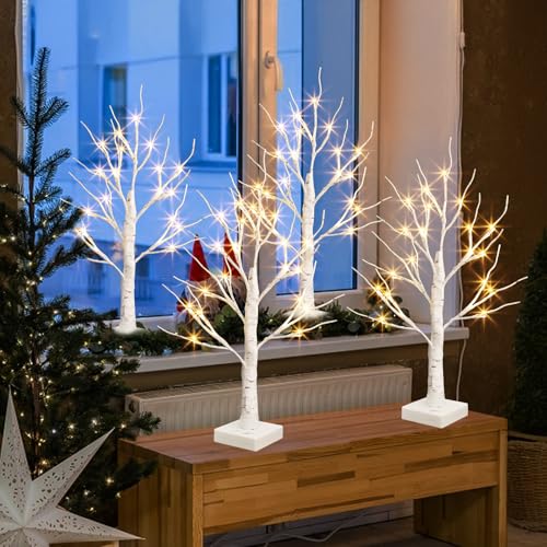 PEIDUO Christmas Decorations for The Home, 2FT BirchTree with LED Lights, Warm White Tree Lamp, Fairy Light Spirit Tree for Room Inside Fireplace Home Decor, Battery Powered, Timer (4PK) - style: 4PK Birch Tree