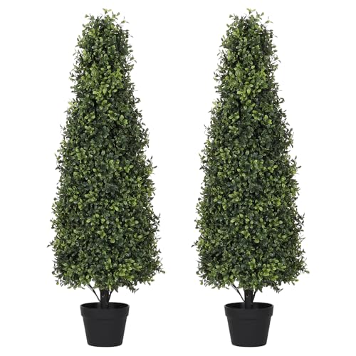 4ft Artificial Boxwood Topiary Trees (Set of 2) - UV Resistant Faux Plants Outdoor, Realistic 48in Fake Potted Bushes and Shrubs for Front Porch, Planter, Patio - Low Maintenance & Evergreen - color: Boxwood Dark Green, size: 48in