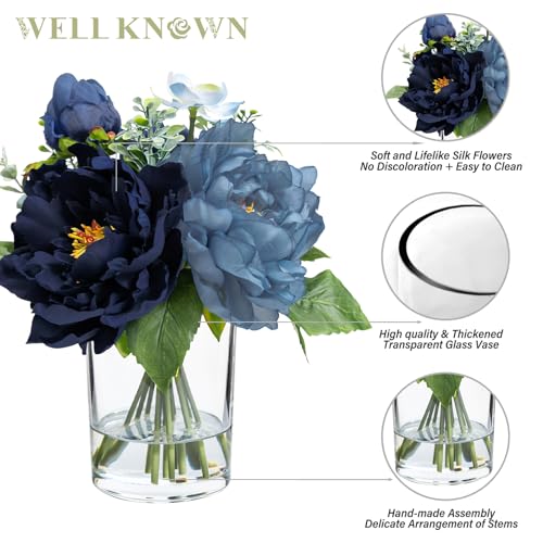 WELL KNOWN Artificial Flowers in Glass Vase with Fake Water, Silk Peony Flower Bouquet for Home Dinning Tea Table, Office Desktop, Hotel, Wedding, Party, Lavatory Decor & Gift (Navy Blue & Light Blue) - color: Navy Blue & Light Blue