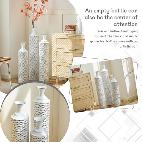 Tall Floor Vases Set of 3 for Decor Living Room Floor, White Vases Home Decor, Embossed Body Pattern, 33.85" H/29.13" H/24.8" H Geometric Cylinder (White 6) - color: White 6