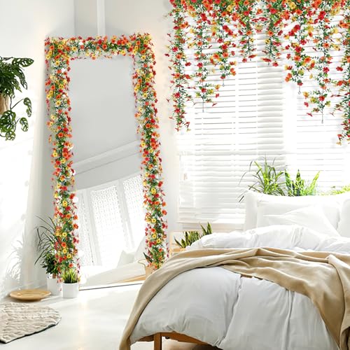 2 Pack Artificial Flowers Garland Ivy,Spring Summer Decor UV Resistant Fake Daisy Vines Floral Vine Silk Hanging Flower for Decor Home Garden Wedding Photo Booth Backdrop (Red Orange Yellow) - color: Red Orange Yellow, size: 2PCS