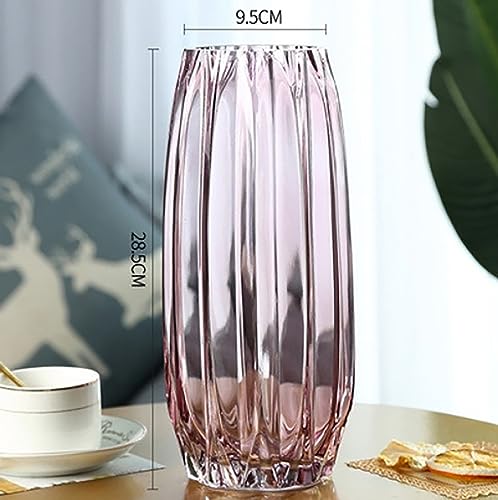 Lucky Bird Purple Pink Ribbed Glass Vase for Flowers and Candles - Modern Centerpiece (H12.0 inch) - color: Pink, size: H-11.8inch