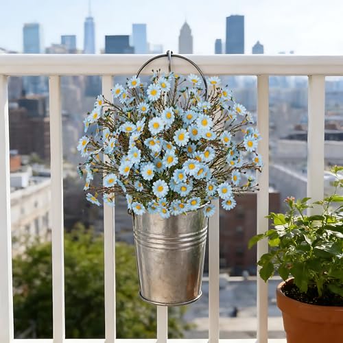 UV Resistant Blue Daisy Artificial Flowers Lush 4 Bouquets Silk Fake Daisies, 14" UV Protected Faux Daisy Flowers for Indoor & Outdoor Vase, Planter, Floral Arrangements, Centerpieces, Wedding Decor - color: Blue