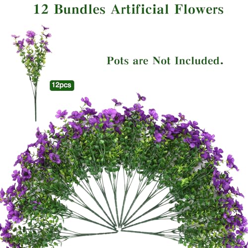 CEWOR Artificial Flowers for Outdoor Indoor, Fake Silk Daisy with Eucalyptus Leaves, Faux Flower for Garden Front Door Porch Planter Patio Home Decor (12 Bundles, Deep Purple) - color: Purple Daisy