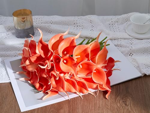 24 Pcs Artificial Calla Lily Flowers Fake Silk Flowers Real Touch for Wedding Bouquet Office Home Kitchen Decor (Coral) - color: Coral