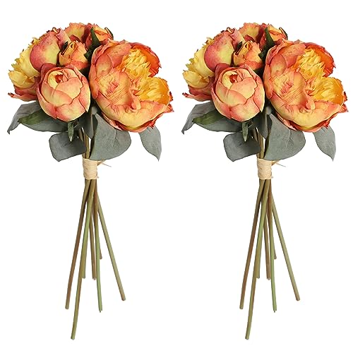 Fake Peonies 2 Bouquets Vintage Silk Peonies Flower 14 Heads Orange Artificial Flowers with Stems for Terracota Wedding Decoration Flowers Crafts Floral Arrangement (Orange) - color: Orange