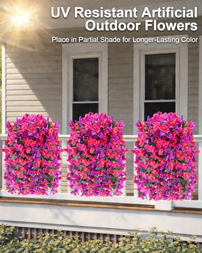 Artificial Flowers for Outdoors – 2 Bundles of UV-Resistant Artificial Bougainvillea, Realistic Silk Flowers for Front Porch, Patio, Garden, Window Boxes & Hanging Baskets (Purple& Hot Pink, 2) - color: Purple& Hot Pink, size: 2 Bundles