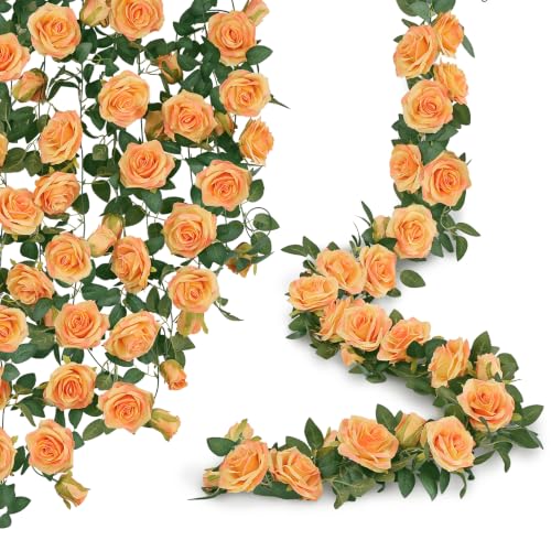 U'Artlines 3 Pack Artificial Orange Rose Vines Floral Garlands Total 19.5 Ft Fake Vine Silk Flower Garland for Indoor Outdoor Home Wedding Arch Garden Wall Decoration - color: Orange, size: Set of 3