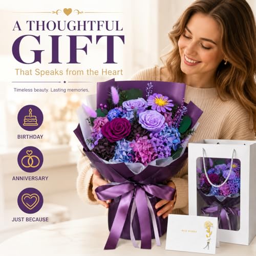 Preserved Purple Rose Bouquet, 100% Real Flowers for Women Mother Wife, Long-Lasting Eternal Roses with Gift Box, Forever Flowers for Anniversary Birthday Mother's Day, Lasts 3-5 Years - color: Deep Purple