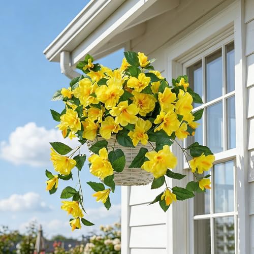 Briful 2PCS Artificial Hibiscus Flowers, 19.6in Tropical Faux Hibiscus Stems with Cascading Branches, Yellow Hibiscus Bouquet for Vase, Hanging Basket, Porch, Wedding, Party, Indoor Outdoor Decor - color: Yellow#941