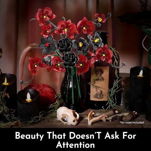 Orchid Rose Flower Bouquet Building Set for Adults, Gifts for Mom Wife Women Couple Girlfriend Teen, Artificial Floral Botanical Collection Gothic Decor for Home or Office (623 PCS) - color: Black and Red