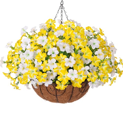 INSPRING Artificial Hanging Flowers for Outdoors Baskets Fake Plants Outdoor Decoration, UV Resistant Faux Morning Glory in Planter Look Real Silk Flowers for Outside Patio Porch Balcony Garden - color: Yellow White