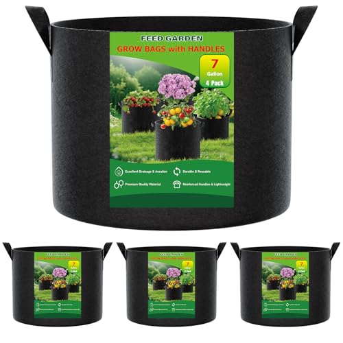 FEED GARDEN 7 Gallon Grow Bags 4 Pack – 300G Thickened Fabric Plant Pots with Reinforced Handles, Breathable Drainage Planters for Vegetables, Flowers & Herbs Indoor Outdoor - size: 7 Gallon