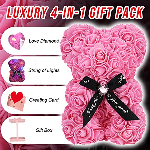 Lgv Flower Rose Bear,Romantic Gift for Valentine's Mother's Day, Christmas, Birthday,Girl Friend Her Mom Female Wife with Artificial Heart-Shaped Diamonds Pink - color: Pink