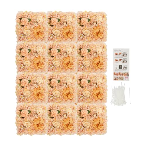 12-Pack Flower Wall Backdrop, 15"x15" Artificial Rose Floral Panels, 3D Silk Hydrangea Flowers Panels for Spring Wedding Photo Photography Backdrop Event Party Decoration (Champagne) - color: Champagne