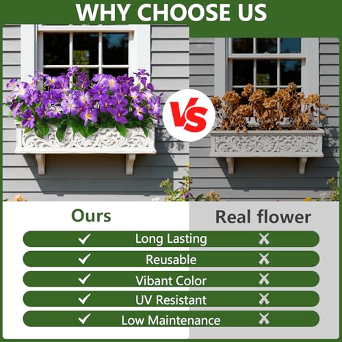 Homsunny Artificial Flowers for Outdoor, 6PCS Fake Silk Flowers | UV Resistant Realistic Faux Plants Flowers for Front Door Porch Planter Patio Yard Garden Spring Decor, Double Purple - color: Deep Purple+ Light Purple