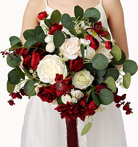 14 Inch Burgundy Bridal Bouquet,Fall Wedding Bouquet,Bride Bouquets for Wedding Ceremony Anniversary, Party and French Rustic Vintage Wedding,Artificial Flowers - color: Burgundy, size: 14 Inch
