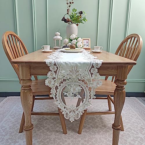 Elegant Vintage Lace Table Runner 98 inches(250cm) Long Beige Gold with Exquisite Macrame and Embroidered Floral Pattern Perfect as a Dresser Scarf (14X98'') - color: Beige Gold, size: 14''x98''(36x250cm)