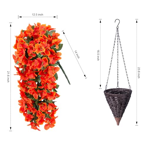 INSPRING Artificial Bougainvillea Faux Flowers Plants Baskets for Outdoor Outside Decoration, 3PCS Fake Silk Flowers Long Trailing Vines UV Resistant Realistic for Front Door Porch Patio (Orange) - color: Orange