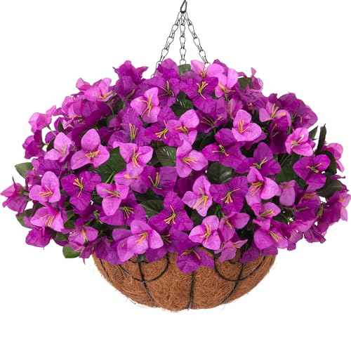 HyeFlora Artificial Hanging Flowers Plant with Basket for Outdoors, Fake Hanging Plants Silk Bougainvillea in Planter Realistic UV Resistant Faux Flower for Outside Porch Patio Garden Home Decor, Mix - color: Light Fuchsia + Fuchsia