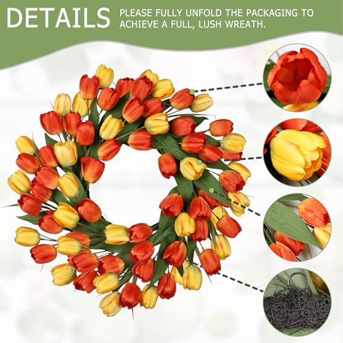24 Inch Tulip Summer Wreath for Front Door Spring Silk Wreath with Green Leaves Artificial Tulip Flower Wreaths for All Seasons Farmhouse Porch Wall Living Room Home Widding Decor-Orange - color: Orange