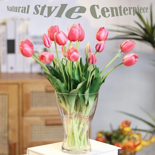 20pcs Artificial Tulip Flowers,16 Inch Real Touch Tulip Stems with Faux Leaves, Faux Tulips and Buds for Home Décor Centerpiece Ornament Wedding Bouquet,Deep Pink - color: Deep Pink