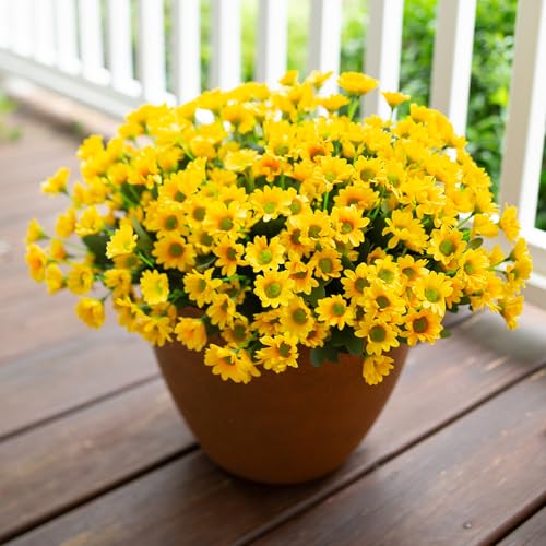 Daisy Artificial Flowers for Outdoors Decoration, 6 Bundles Fake Plants Flowers Bouquet Faux Flowers for Outdoor Planter Look Real UV Resistant Silk Flowers for Outside Front Door Porch Patio, Yellow - color: Yellow