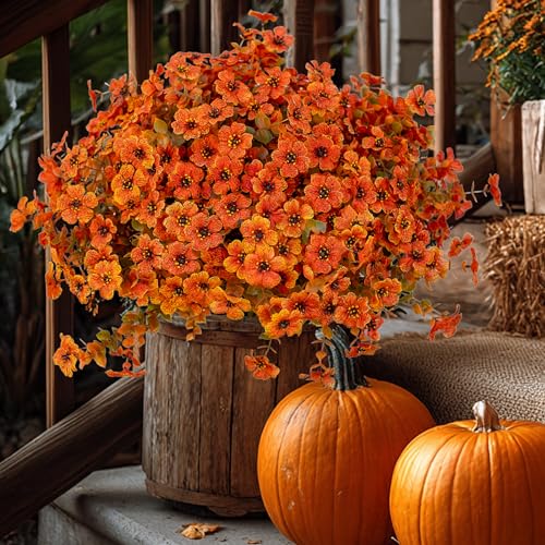 AXYLEX Artificial Fall Flowers Outdoor Fake Mums - 16 Bundles Fake Plants UV Resistant No Fade Faux Plastic Greenery Garden Porch Patio Fall Home Decor (Orangegreen) - color: Orangegreen