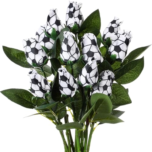 Suhine 12 Pcs Artificial Soccer Rose Flowers Sports Party Favors Bulk for Birthday Graduation Wedding Party Decorations Table Centerpieces Mom Fans Team Coach Senior Night Gift (Soccer Color, Normal) - color: Soccer Color, size: Normal
