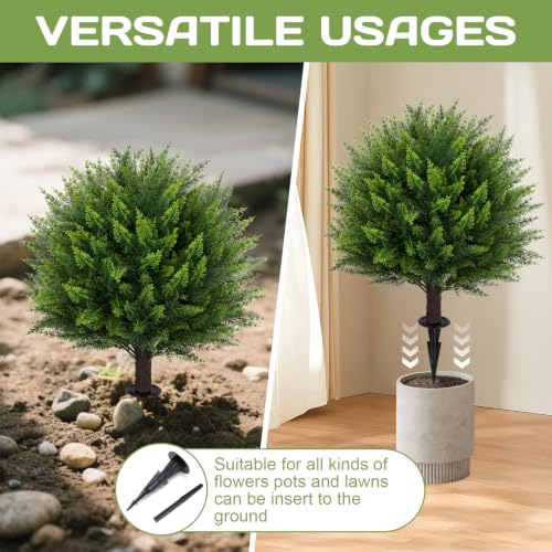 Artificial Cedar Topiary Ball Tree 23" with Ground Spike, Set of 2 Artificial Boxwood Bushes for Faux Shrubs, Fake Evergreen Faux Plant for Indoor Outdoor Porch Garden- UV Resistant – Fade-Proof - color: Cedar