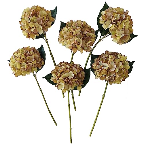 Hydrangea Artificial Flowers,6 Pcs Faux Hydrangea Flowers,Artificial OchreYellow Hydrangeas Flowers with Stems,Fake Hydrangeas,Yellow Silk Flowers with Stems for Home Decor - color: Ocher Yellow