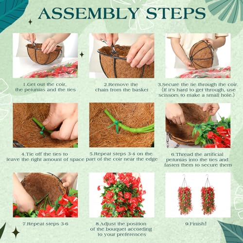 Hotop 2 Set Artificial Flowers with Hanging Basket Includes 6 Pcs Morning Glory Vines Faux Outdoor Hanging Plants Waterproof UV Resistant Fake Flowers for Patio Spring Summer Decor(Red) - color: Red