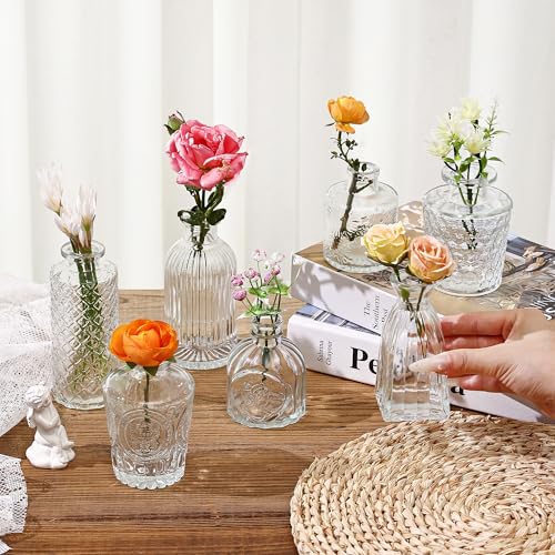 30Pcs Clear Glass Bud Vases, Wedding Table Decor, Bulk Housewarming Gift | Clear bud vases in bulk, Rustic embossed, Vintage-styled glass vases for centerpieces, 15 unique vintage styles(2 per design) - color: Clear Series