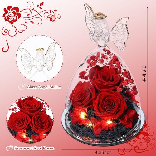 Mothers Day Rose Gifts for Women Preserved Real Flower in Glass Angel Figurines Roses for Delivery Prime Birthday Gifts for Mom Grandma Girlfriend Wife Her - Red - color: Red