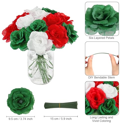 108pcs Roses Head Flowers with Stem - Red & Green White Italian Artificial Flowers Rose Bulk - Silk Rose Fake Flower for Mexico Italy Bridal Wedding Bouquet Baby Shower Centerpieces Christmas Decor - color: Green-red-white