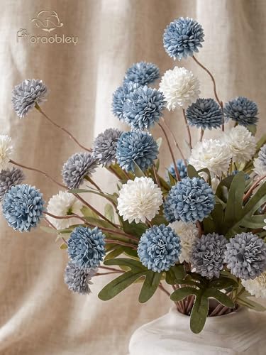 9pcs Fake Flowers Silk Mini Mums with Stems, Blue & White Faux Chrysanthemum Pompon Balls Artificial Flower Bulk for DIY Wedding Centerpieces, Vase Fillers, Floral Arrangements & Home Decor - color: Blue & White