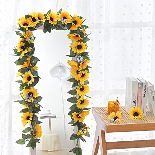 8 Pack Artificial Sunflower Garland Decor, Sunflower Vines Hanging Flowers Garland with Green Leaves, Fake Yellow Floral Vines Room Wedding Party Decoration - color: Yellow, size: 8 Pc