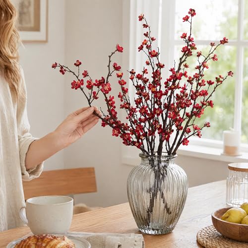Plum Blossom Flowers Artificial,6Pcs Red Cherry Blossom Flowers,Faux Cherry Blossom Flower Branches for Home and Office Decor (red, 6)… - color: Red